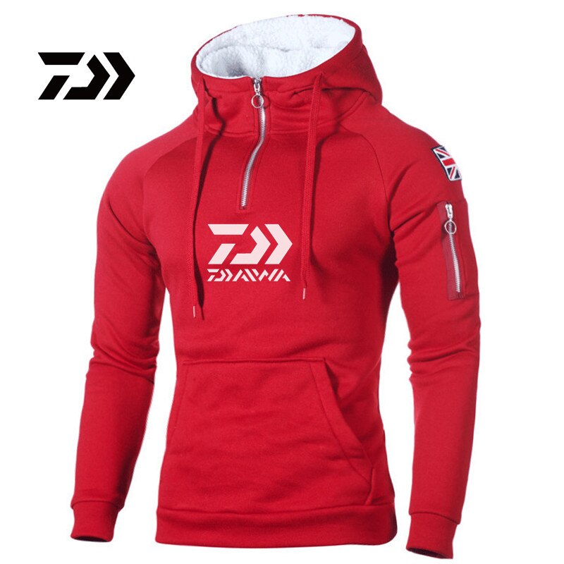 Daiwa Fishing Hoodie Men Winter Warm Fishing Sweatshirt Men Fishing Shirt Coat Fishing Jacket Men Sport Wear Fishing Clothing: M / Red