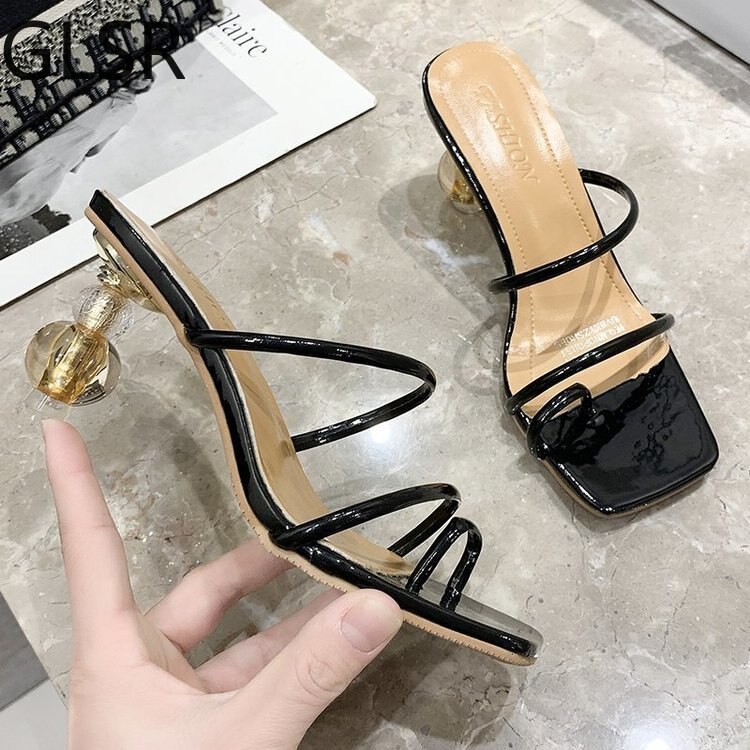 Vormige Hoge Hakken Sandalen Zomer Witte Vierkante Teen Dames Schoenen Transparant Kristal Hak Slippers Vrouwen Luxe Sandalen