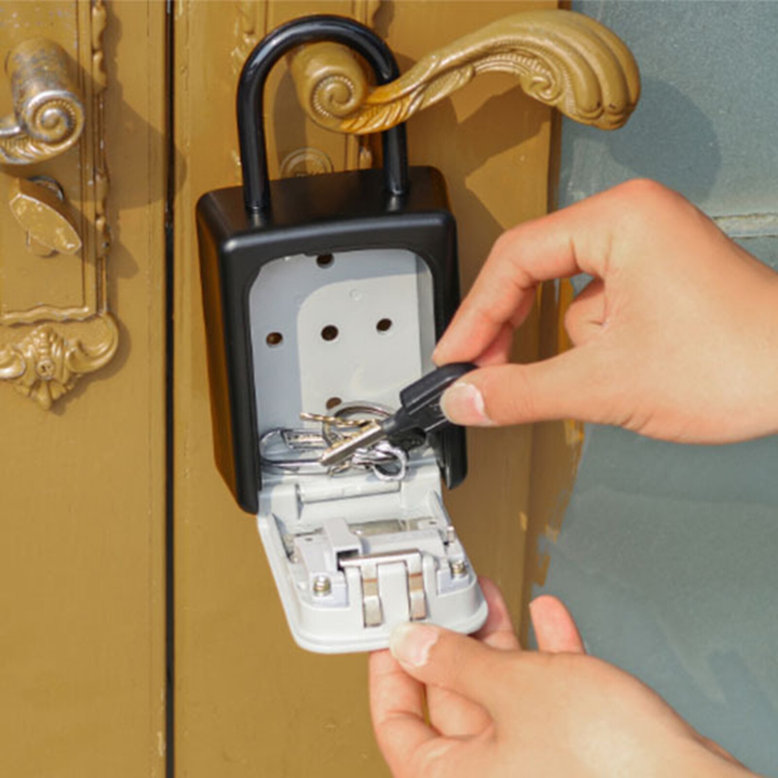 Key Lock Box with Dust Cover Aluminum Alloy 4-Digit Padlock Case Lockbox Key Safe Box Portable Storage for Key ID Card U Disk