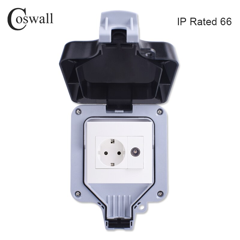 Coswall IP66 Waterproof Outdoor BOX EU Standard Wall Socket With 1 Gang Switch / Female TV Jack / CAT6 RJ45 Data Internet Outlet