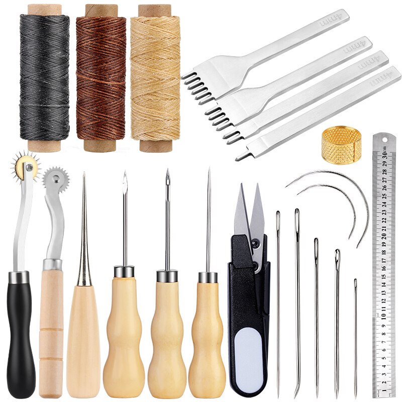 LMDZ DIY Leather Craft Tools Kit With Punch Tools Set Sewing Needles Waxed Thread Steel Ruler Leather Sewing Tool Accessories