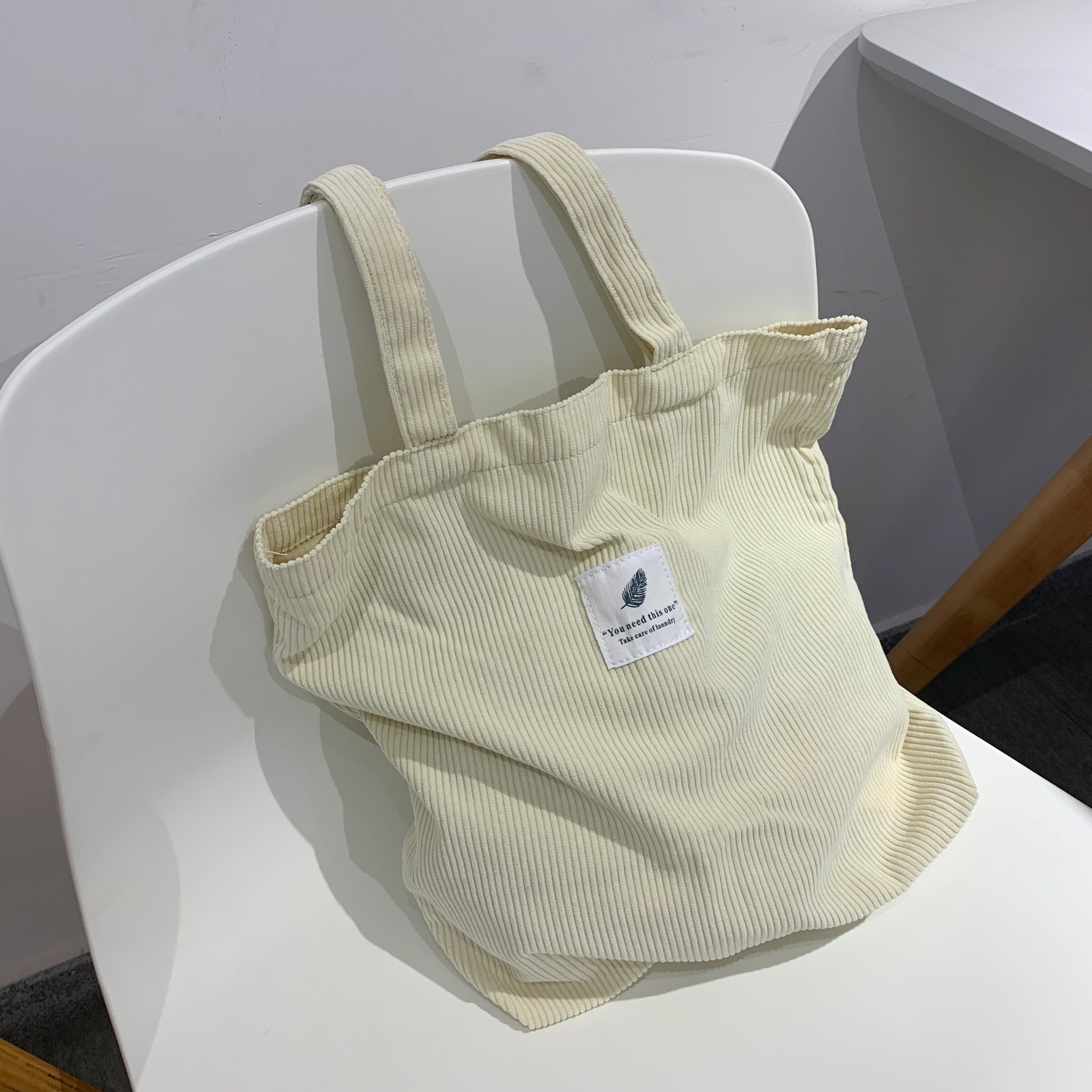 Bolso de compras de lona para mujer, bolsa de mano de pana, almacenamiento ambiental, plegable, reutilizable, 2022: Beige