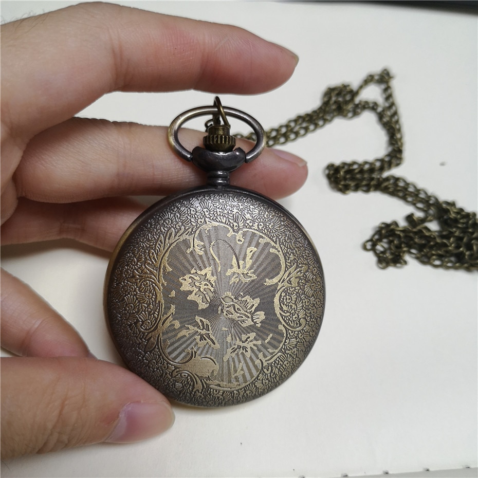 Antique Bronze Hollow Flower Quartz Pocket Watch Arabic Numerals Display Necklace Watches Fob Chain Half Hunter Pocket Clock