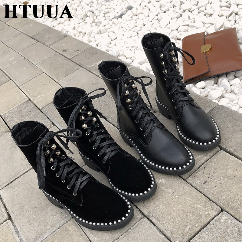 Htuua kvinnor martin boots motorcykel stövlar höst vinter skor pärla snörning mjukt läder tjock klack korta ankel boots  sx4196