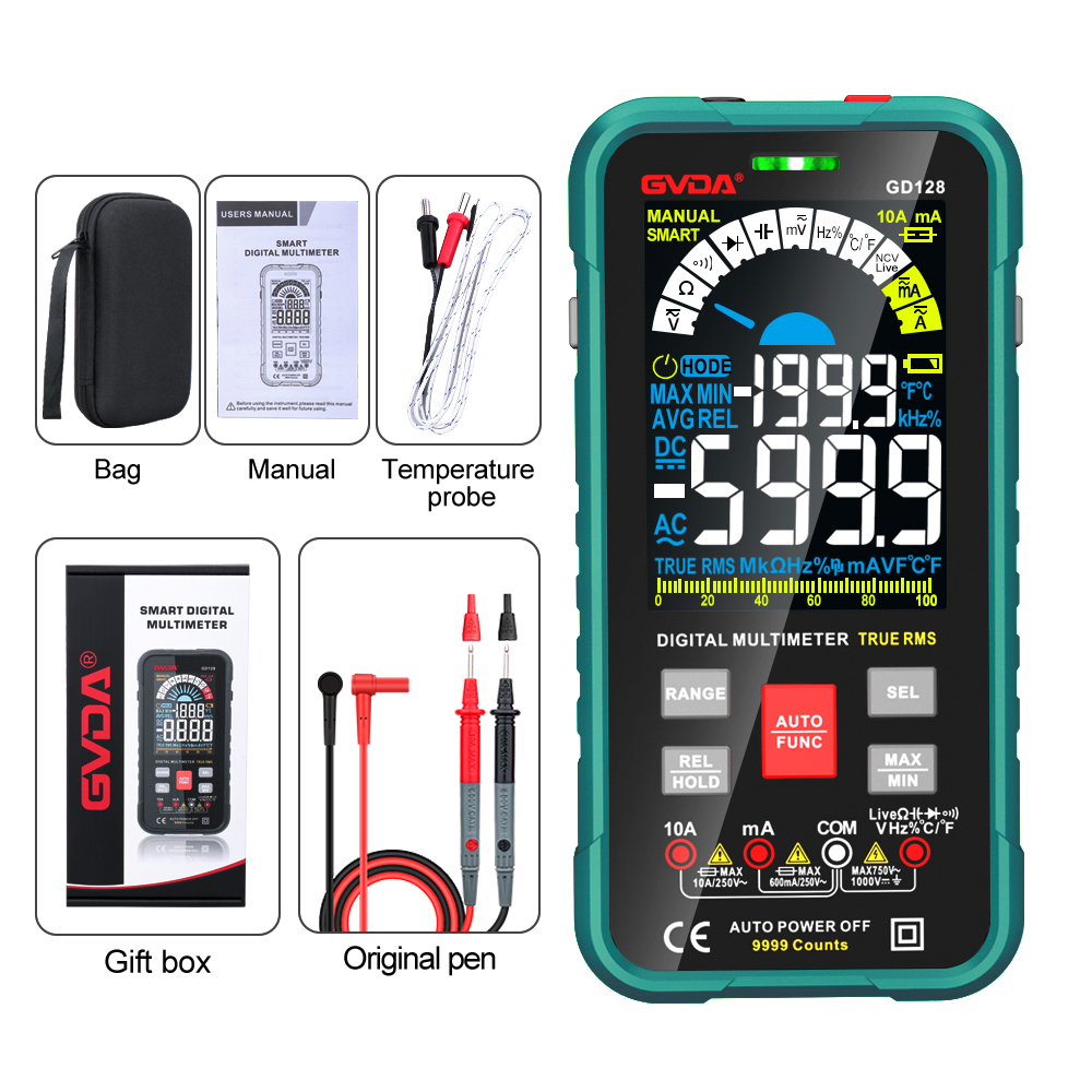 GVDA 9999 Counts Digital Multimeter Auto Range 1000V 10A Tester Meter Ohm Hz Capacitance True RMS AC DC DMM Smart Multitester: GD128 green