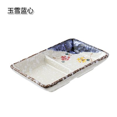 Japanese 2 Grids Ceramic Sauce Dish Home Soy Dish Plum Small Dish: Blue