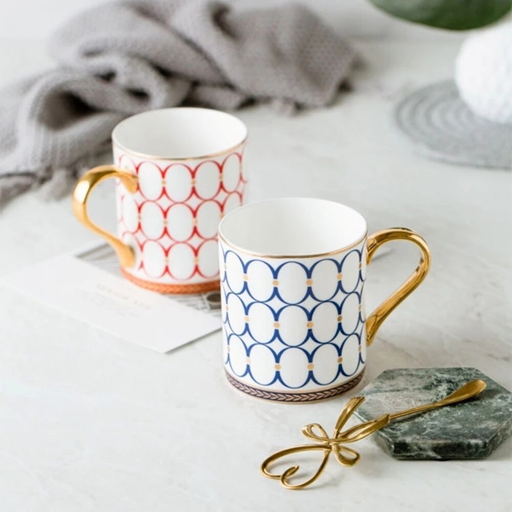 Tasse à café de luxe de Style britannique, 350ml, avec rayures dorées, en porcelaine, pour Couple, avec boîte