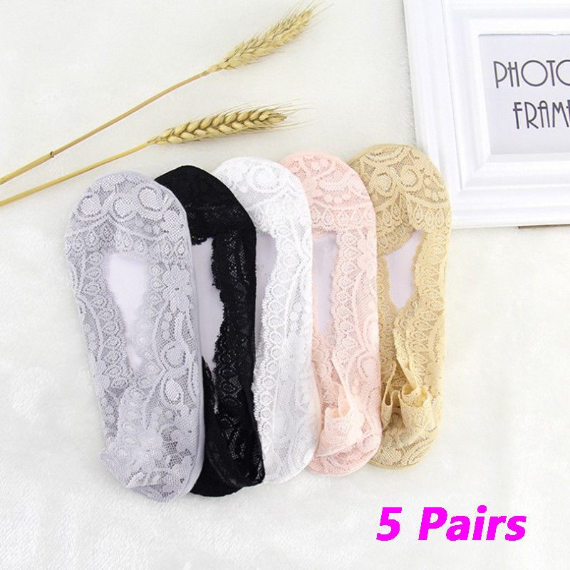 5 Pairs Ladies Slipers Skin Shoe Liners Footsies Invisible Thin Lace Socks Sheer Women Floral Lace Socks: Multi
