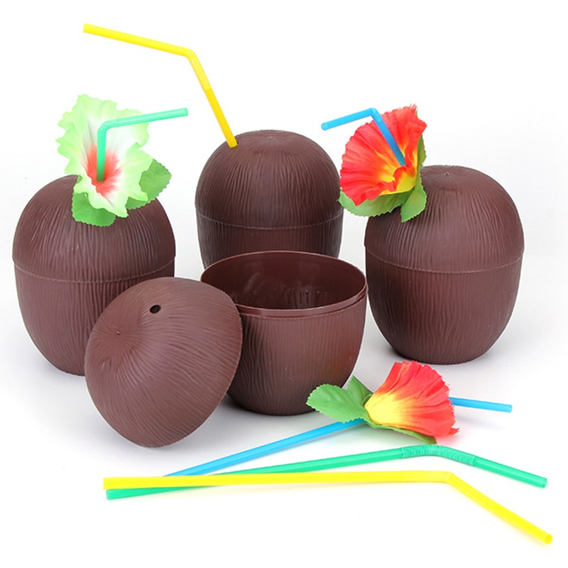 12 pièces/lot ananas noix de coco tasses fruits forme jus fête tasses à boire avec des pailles de fleurs pour hawaïen Luau été plage fête