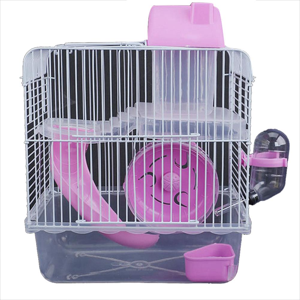 Double Layer Villa Shape Iron Wire Cage with Feeding Bowl Running Wheel Slide Toy for Pet Hamster 23 * 17 * 28 Cm
