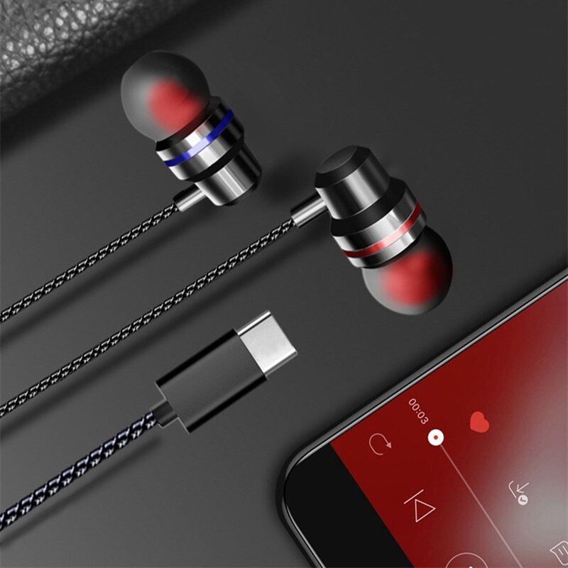 Type C Earphone Dynamic Drive HiFi USB-C Earbuds In-ear Bass Metal Sport Gaming Headset with Mic for Xiaomi Huawei HTC Samsung: Black