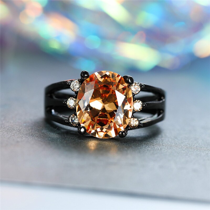 Luxury Female Big Champagne Stone Ring Vintage Black Gold Wedding Rings For Women Promise Love Oval Engagement Ring