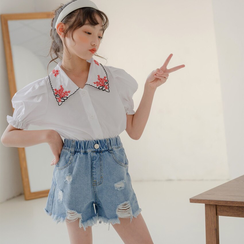 Blusa de algodón con manga abombada para niñas y adolescentes, blusa bordada de ,