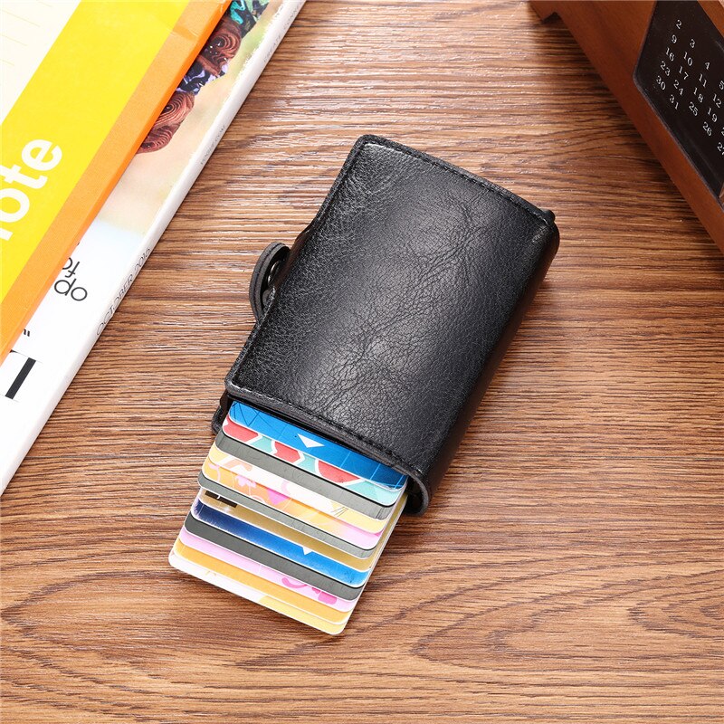 RFID Men's Leather ID Credit Card Holder Male Automatic Aluminum Alloy Hasp Business Double Layer Cardholder Wallet for Man