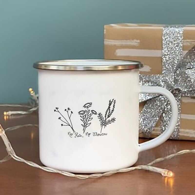 Ingen regn ingen blomst print emalje krus vintage kaffe vin kopp drikke dessert melk kopp camping krus håndtak drinkware: Xh1013-a015wh-8