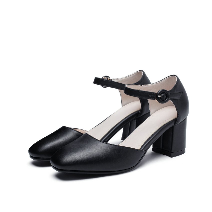 QUTAA carré haut talon boucle femmes chaussures en cuir souple PU femmes pompes bout rond décontracté unique chaussures grande taille 34-43: Black / 11