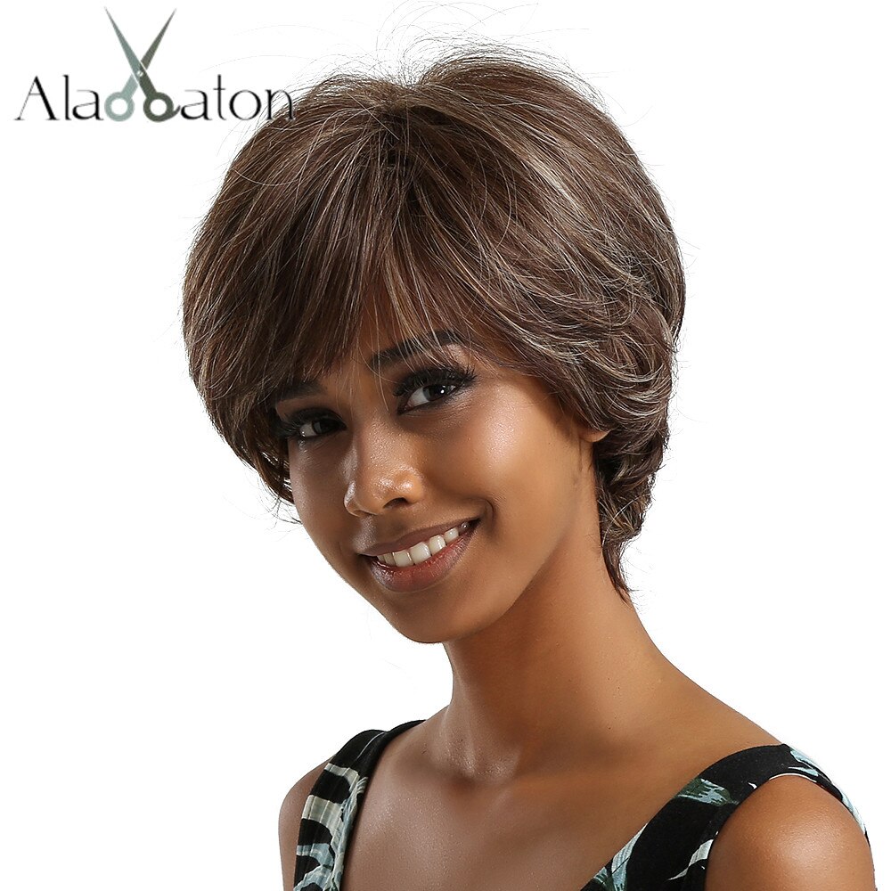 ALAN EATON Mixed Black Brown Wigs for Women Afro Short Straight Bob Wigs with Side Bangs High Temperature Fiber Pixie Cute