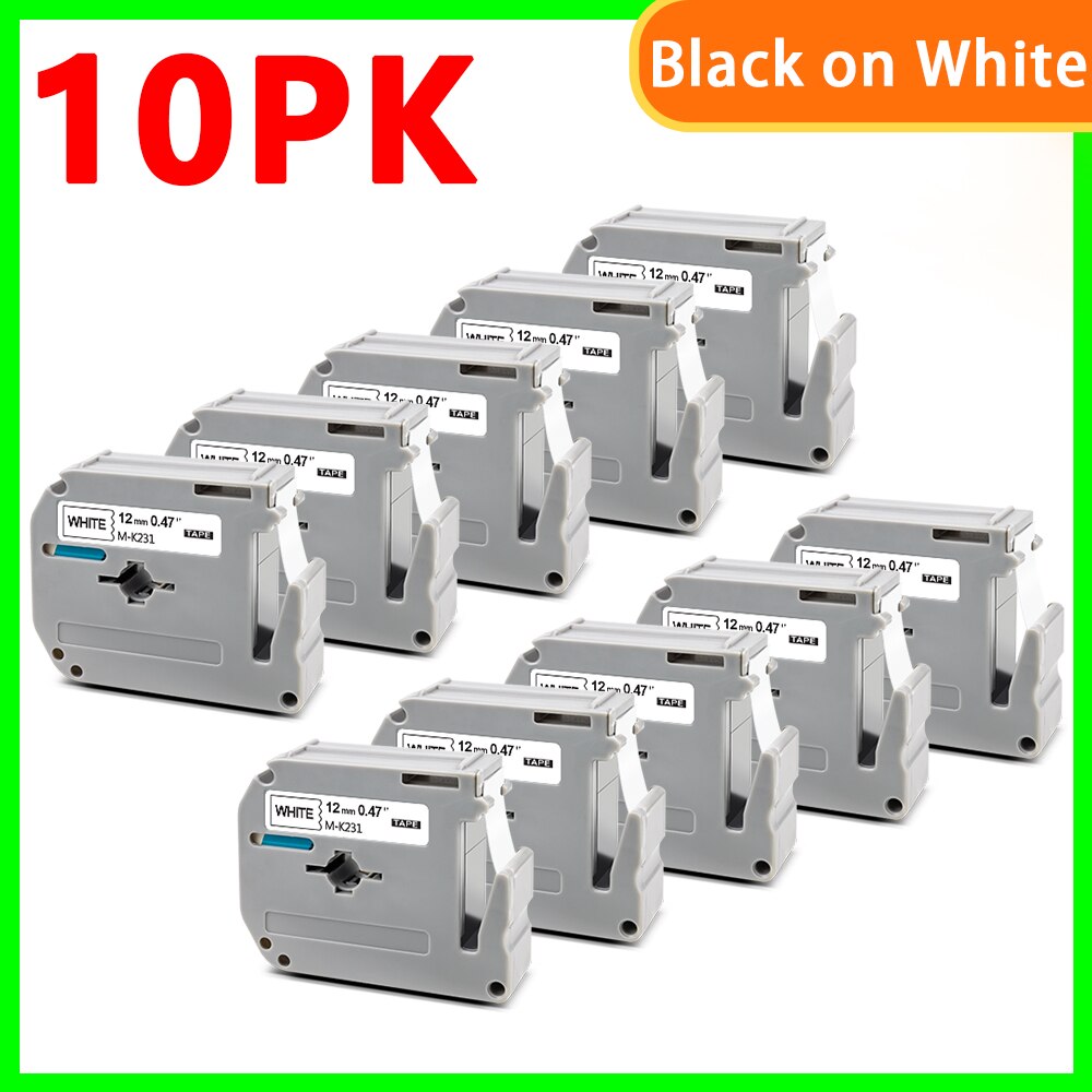 10pk sorte på hvide m -k231 labels til brother  mk 231 mk-231 label tape m tape 12mm label tape til brother p touch label maker: 10pk- sorte på hvide / 9mm