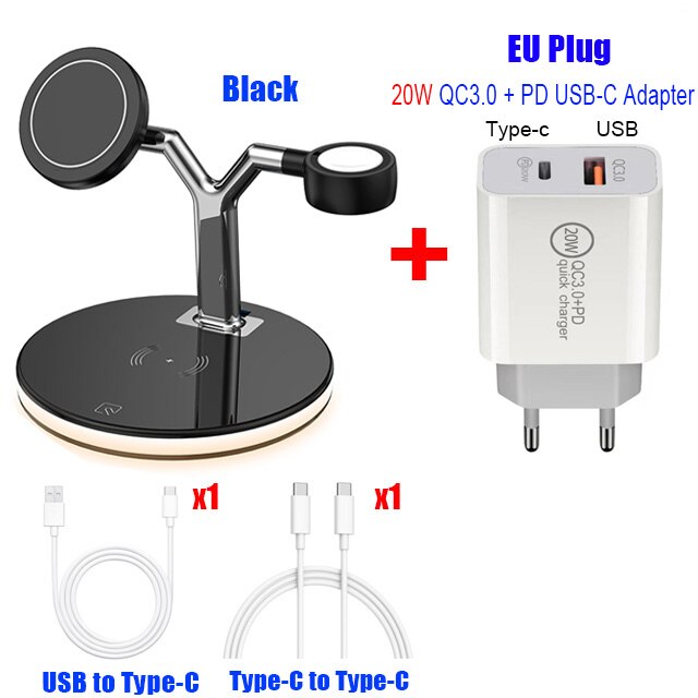 3-in-1 Magnetic Wireless Charger - 15W Fast Charging Station for iPhone 12 Series, Apple Watch & AirPods Pro: Add EU Plug Black