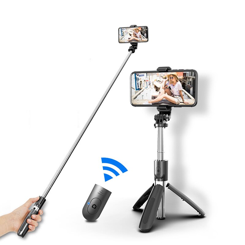 Bluetooth selfie stick stativ monopod til xiaomi redmi huawei iphone 11 samsung smartphone telefon selfiestick stand holder: Sort
