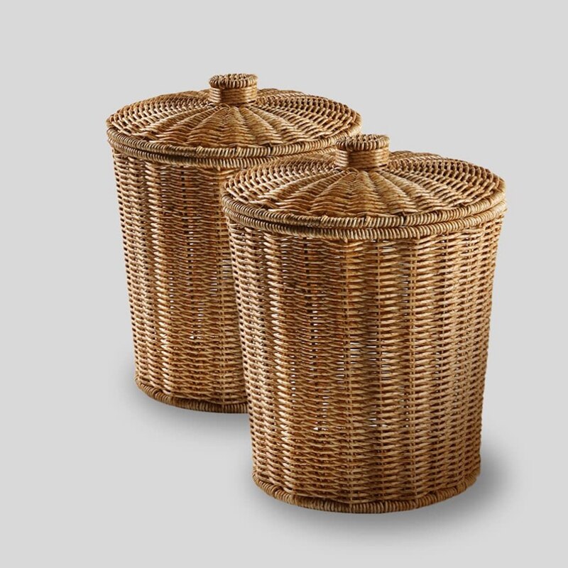 Woven Basket Trash Can Round Rattan Waste Basket With Lid Planter Woven Storage Baskets Wicker Wastebasket Garbage Bin