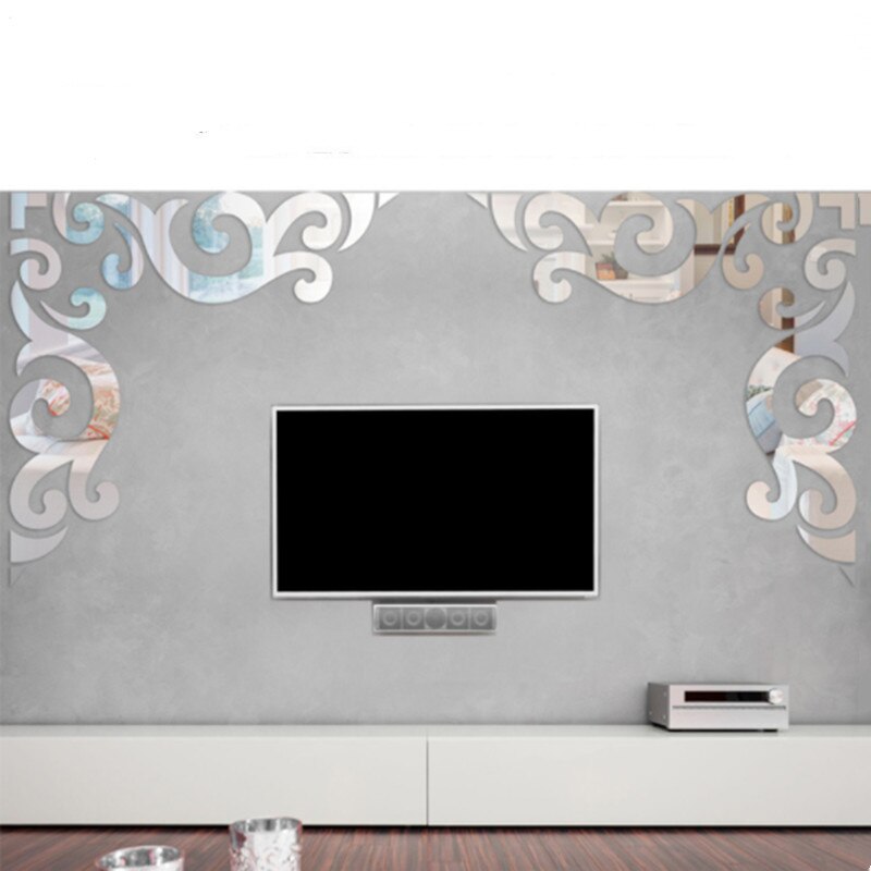 Miroir autocollant 3D en acrylique, 4 pièces, Style européen, bordure de fleur, autocollant mural pour salon, arrière-plan de la télévision, décoration murale