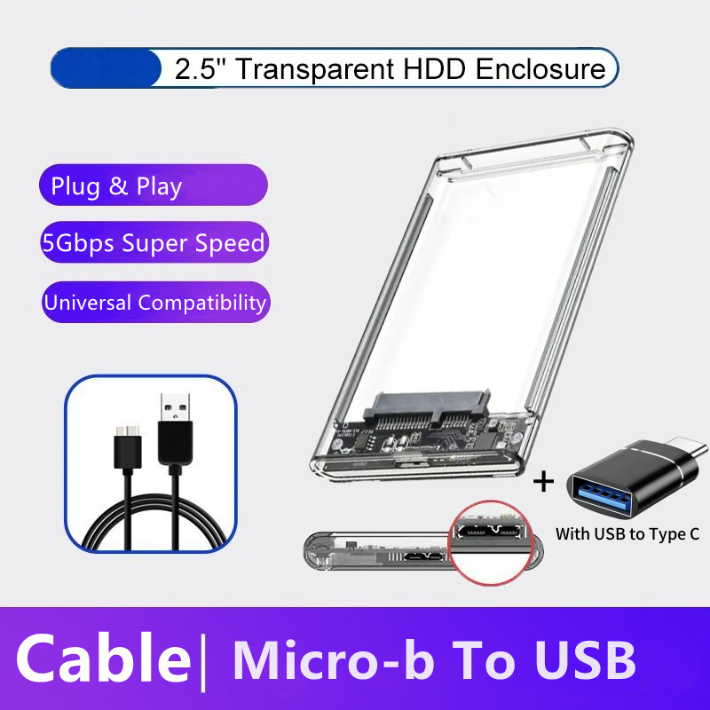 Transparent External Hard Drive Case 2.5 Inch HDD SSD Case Micro-B To USB3.1 4TB Drive Housing Compatible UASP SATA III Laptop: grey