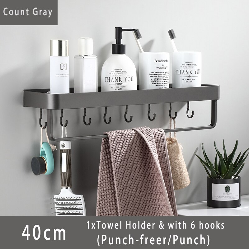 Bathroom Shelf Bath Shower Shelf with Hook Bar Bath Shampoo Holder Bathroom shelf Black Aluminum Kitchen Storage holder: 40cm holder hooks