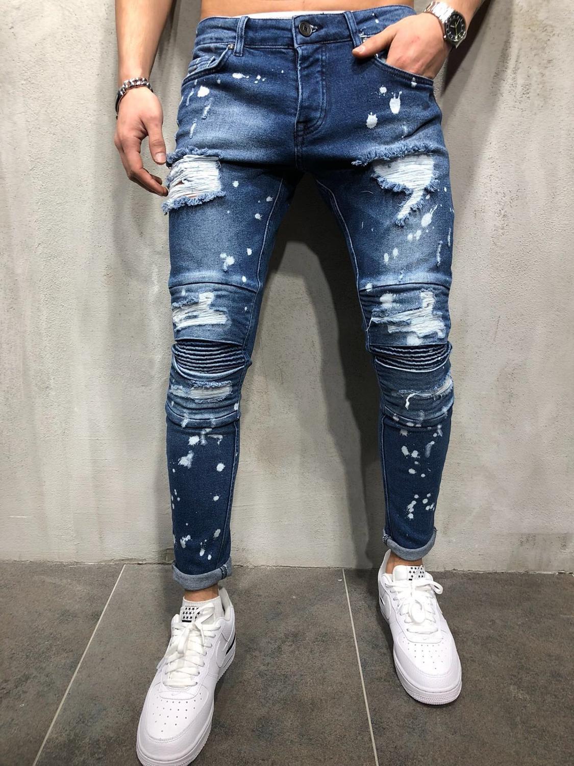 Hommes extensible déchiré maigre Moto & Biker broderie impression Jean trou détruit coupe mince Denim crayon Jean vêtements de travail