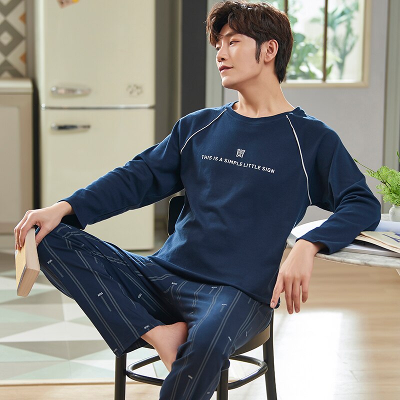 SONG Spring Autumn Men's Pajama Sets Long-sleeved Knitted Cotton Round Collar Handsome Simple Style Home Wear Pyjamas