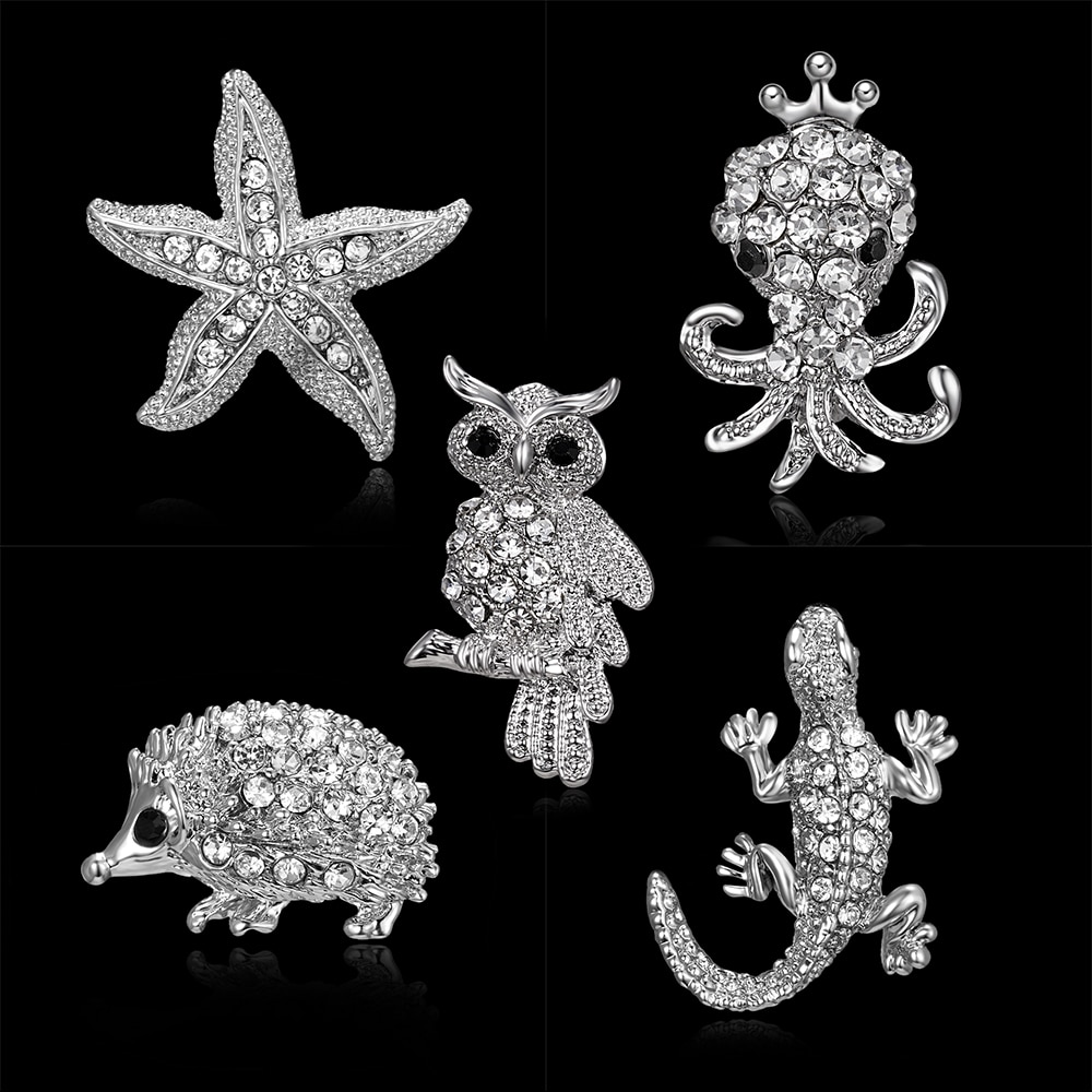 Rinhoo Retro Crystal Silver Kleur Dier Broches Voor Vrouwen Romantische Bruiloft Strass Party Uil Zeester Egel Broche Pin