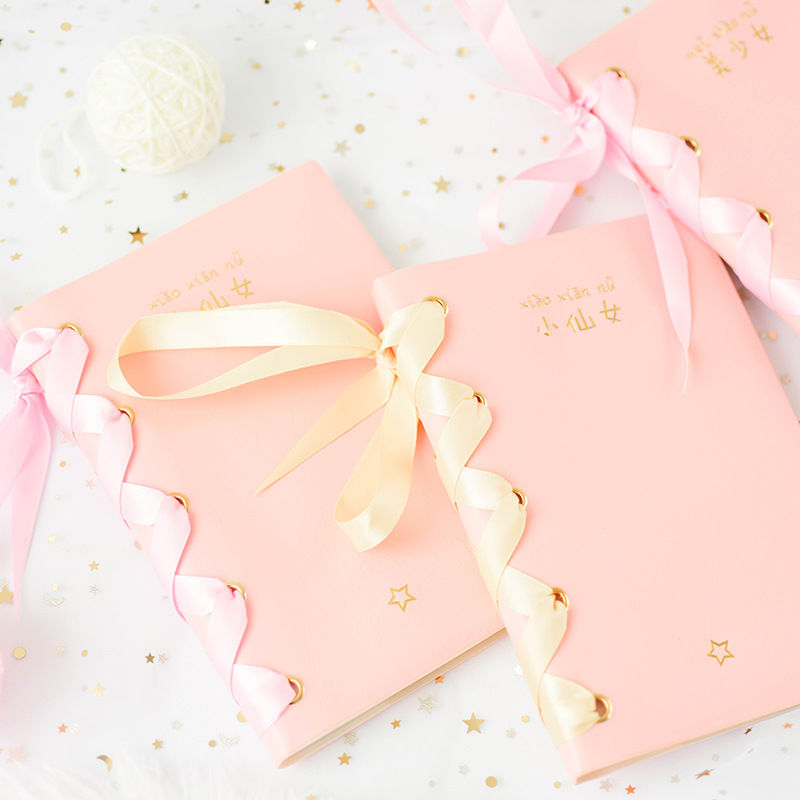 Pink small fresh notebook cute girl heart ribbon diy strap hand ledger stationery notebook 104 sheets time management planner