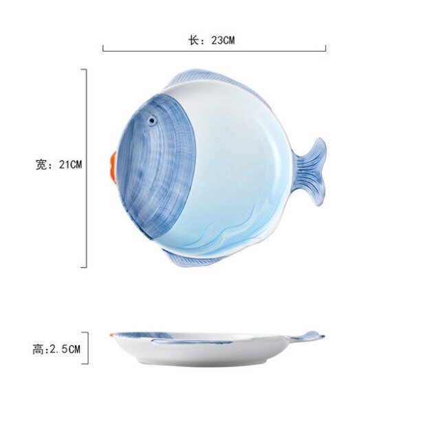 Cuencos y platos de cerámica con forma de pez, pintados a mano y esmaltados con dibujos animados, cuencos y platos para el hogar de un solo color.: Azul -l