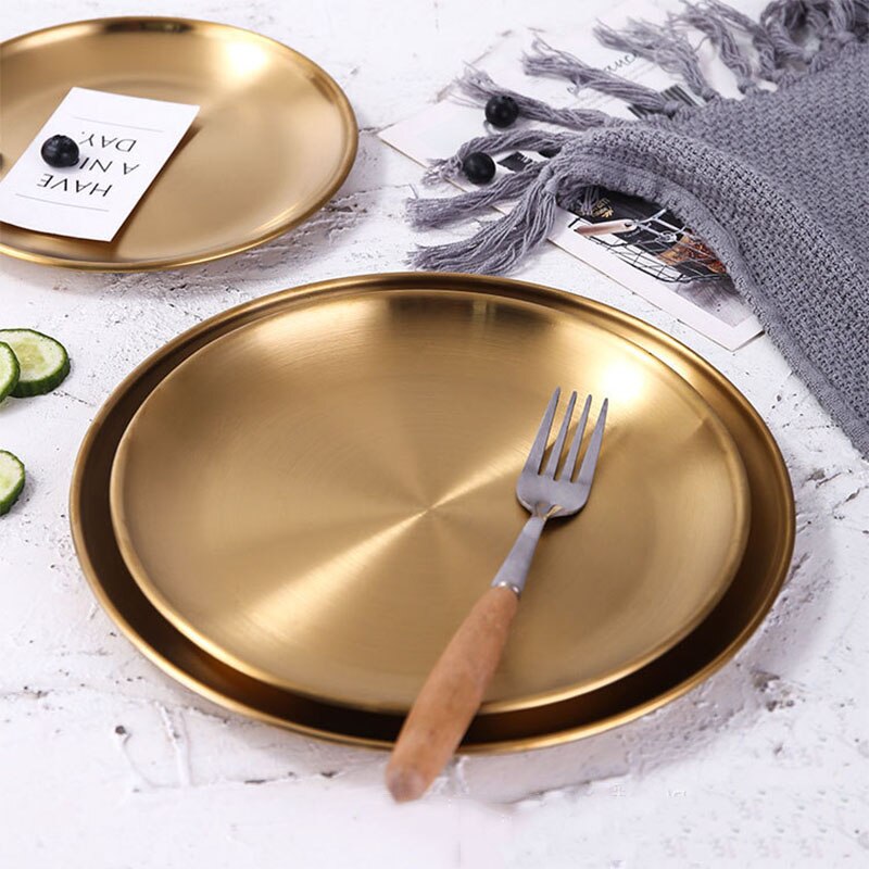 1Pcs European Style Dinner Plates Gold Dining Plate Serving Dishes Round Plate Cake Tray Western Steak Round Tray Kitchen