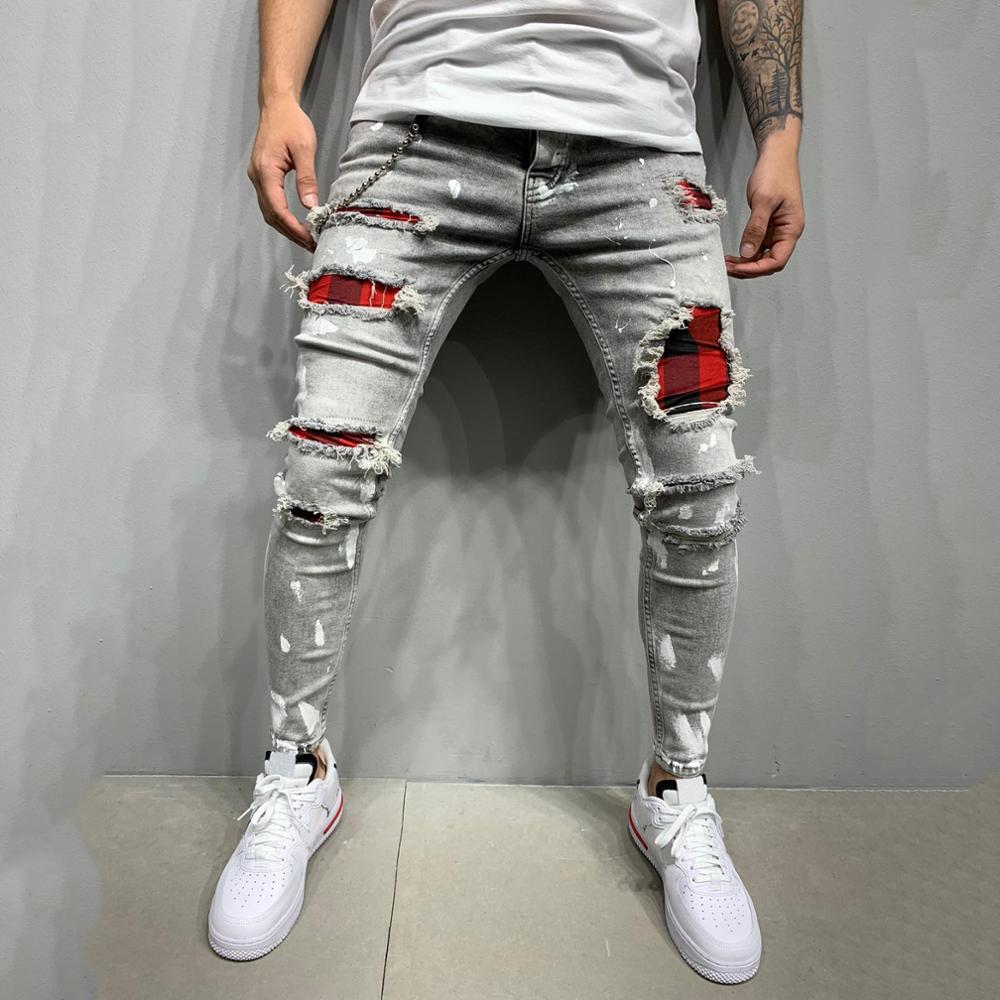 Heren slim-fit gescheurde broek heren geschilderde jeans patch bedelaarsbroek jumbo maat s -4xl