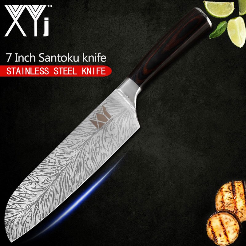 XYj Stainless Steel Kitchen Knives Set 8'' INCH Knife Storage Box Holder Damascus Pattern Veins Blade Full Tang Blade Accessory: 7 inch santoku