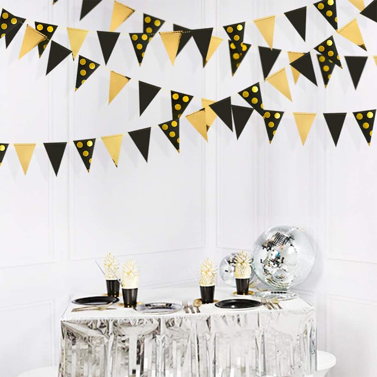 Black Gold Foil Polka Dot Pennant Banner Paper Triangle Flags Bunting Garland for Wedding Baby Shower Birthday Party Decorations
