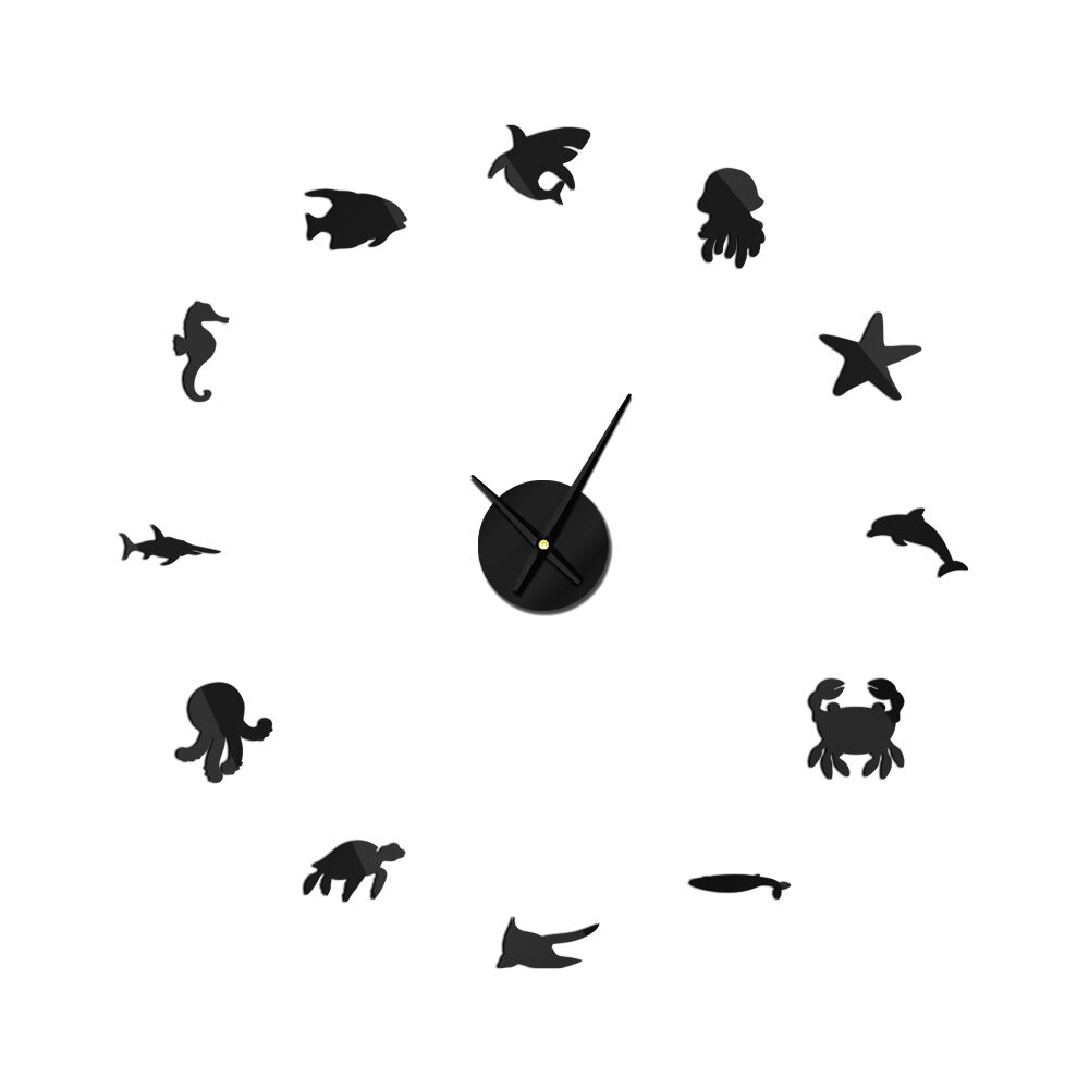 Reloj de pared de animales acuáticos para decoración de habitación de niños, pegatinas de espejo acrílico 3D DIY, mecanismo de cuarzo, vida marina, dormitorio