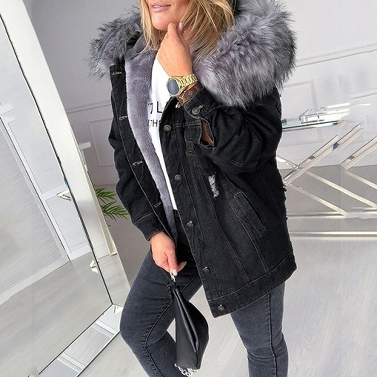 Women's Cowboy Jacket Denim Add A Long - Sleeved Denim Solid Thicken Mujer Coat With A Fur-trimmed Collar #t2g