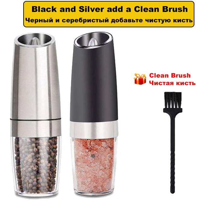 BEEMAN Electric Salt and Pepper Grinder Stainless Steel Automatic Gravity Induction Pepper Mill Kitchen Spice Grinders Tools: Black and Silver