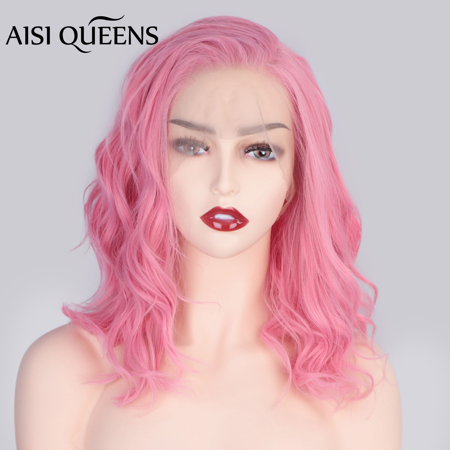 Aisi Queens Synthetische Lace Front Pruik Korte Water Wave Gratis Onderdelen Roze Blond Zwart Natuurlijke Haar Voor Vrouwen Cosplay Pruik