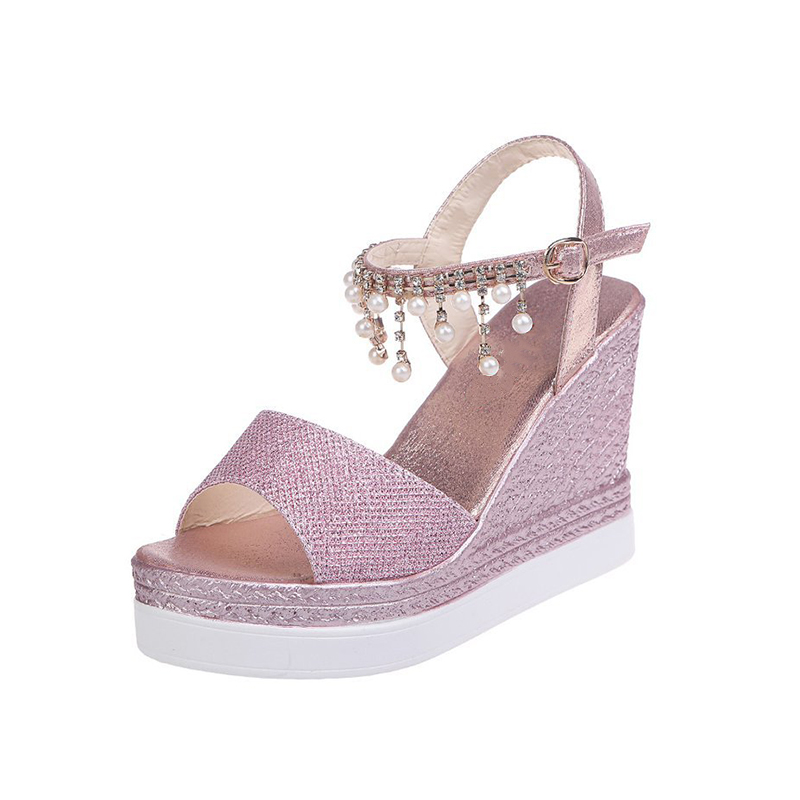 Kvinder kile sandaler sommer perle besat detalje platform sandaler spænde rem peep toe tyk bund fritidssko damer: Lyserød / 37