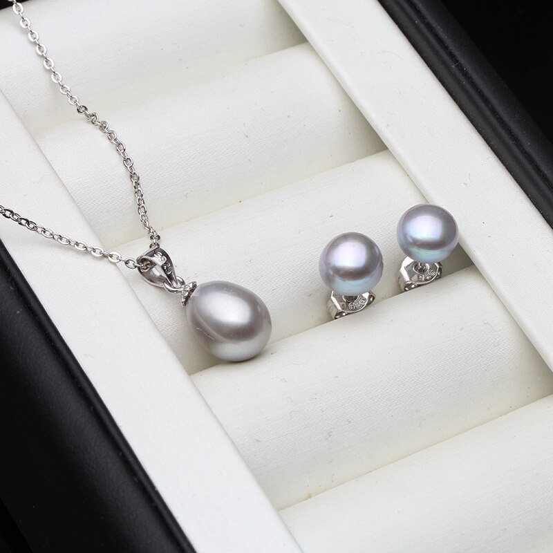 Conjunto de joyas de perlas naturales para boda, collar de perlas de agua dulce, pendientes de tuerca, joyería de plata de ley 925 para mujer: grey pearl set