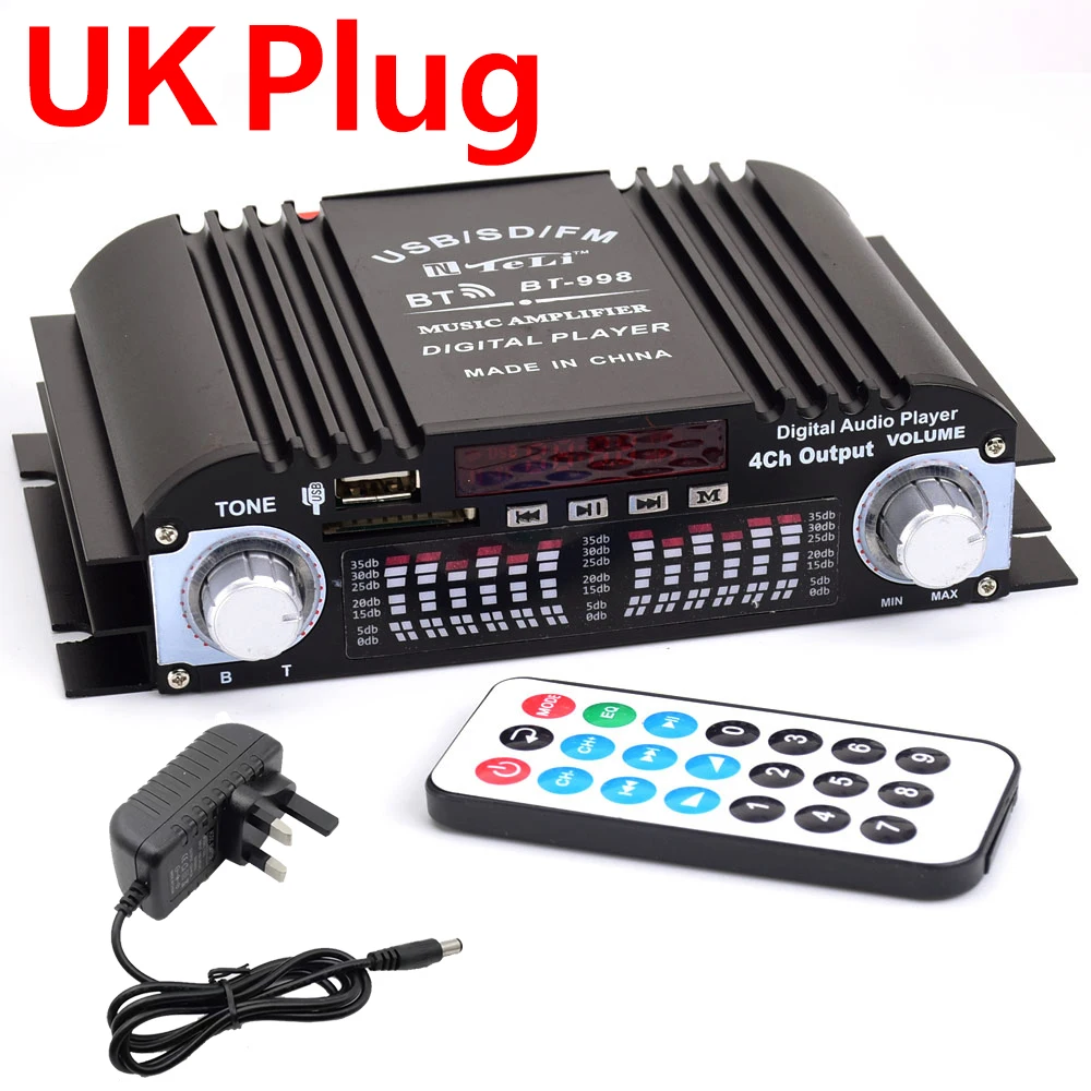 Power Amplifier 4-channel Audio Amplifier MP3 HIFI Bluetooth Amplifier Support USB SD RCA for Home Theatre System DC 12V3A UK AU: Yellow