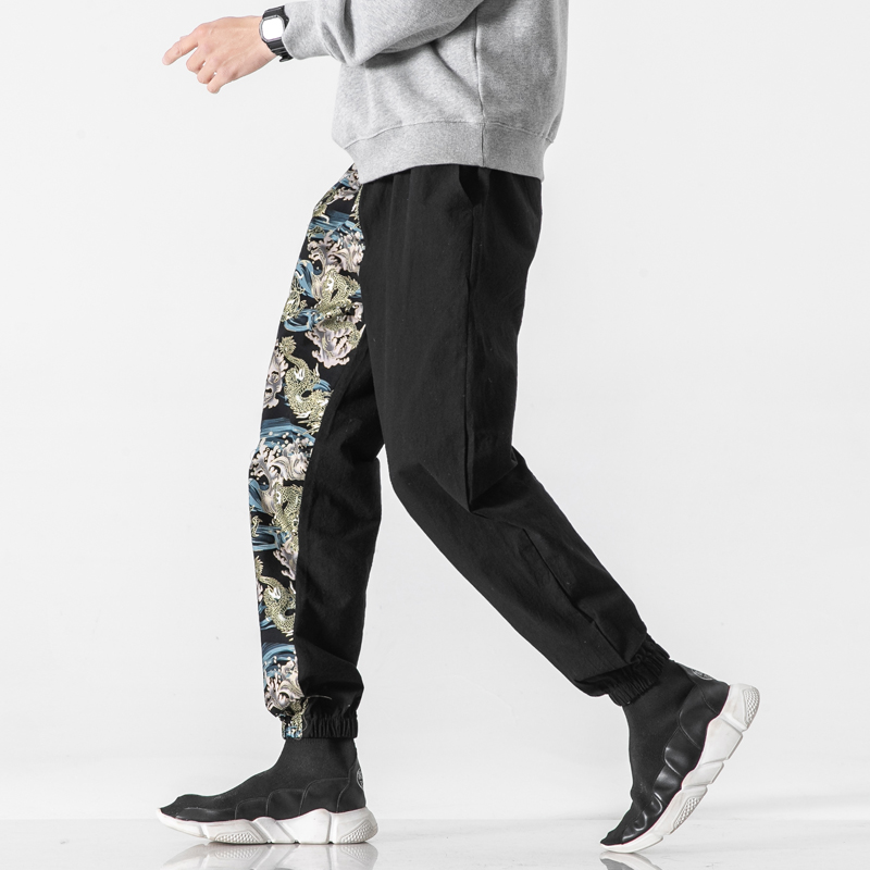 Pantalones bombachos con estampado de dragón chino para hombre, ropa de calle para correr, de chándal de lino y algodón, 5XL, primavera de 2022