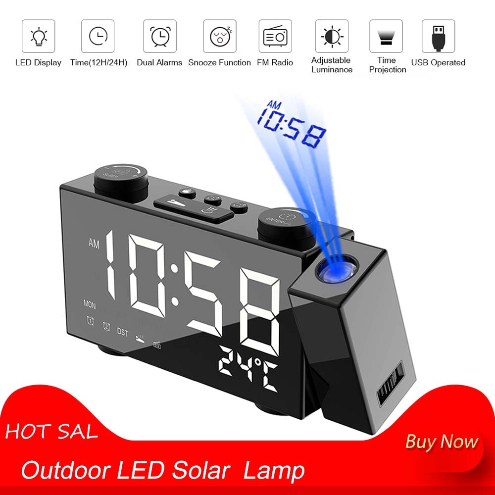 Projektionsklocka digital väckarklocka med snooze funktion termometer fm radio usb/batterier elbord led klocka 180 °roterande