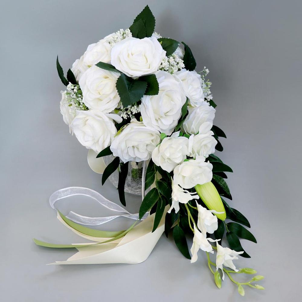 Realistische Bruiloft Bruid Boeket Hand Gebonden Bloem Decoratie Feestartikelen Europese chaise longue rozen bruiloft bloemen: white