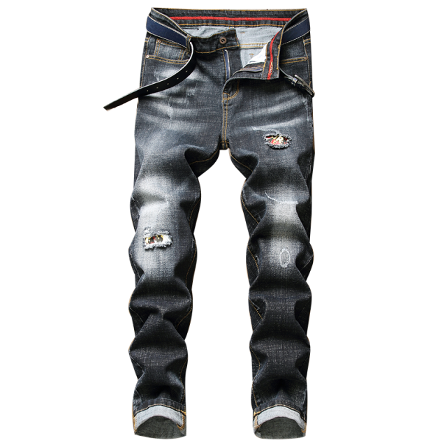 Mannen Zwart En Grijs Gescheurde Jeans Lente Mode Regular Fit Stretch Jeans Mannelijke Broek: 28