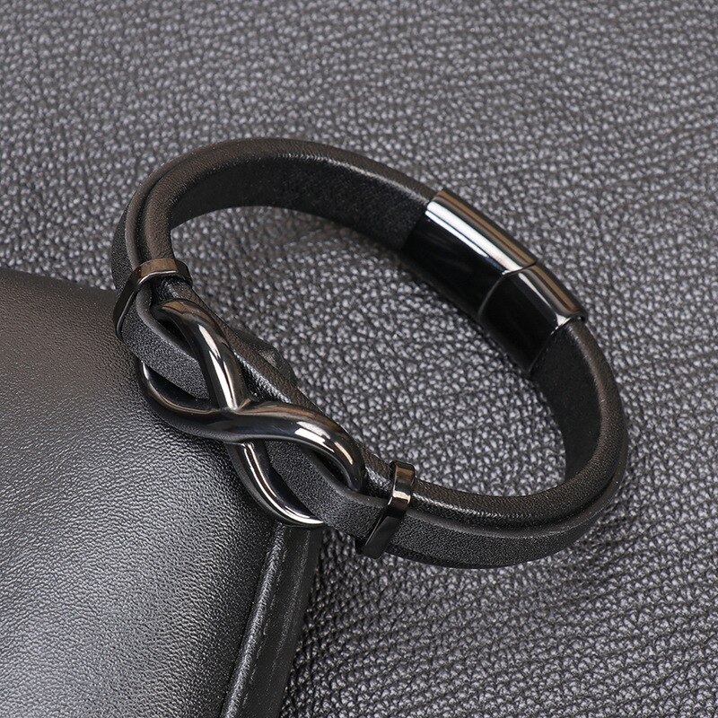 Mkendn zwarte titanium roestvrijstalen magnetische leren armband voor heren en dames, infinity sieraden, power bangels, vriendschap