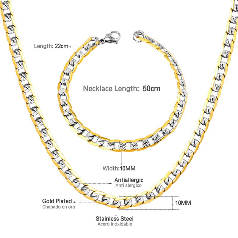 LUXUSTEEL Silver Color Chains Necklace Bracelets Width 6mm/8mm/10mm Length 50cm/55cm/60cm Stainless Steel Long Necklace Party: 10mm 50cm Mixed